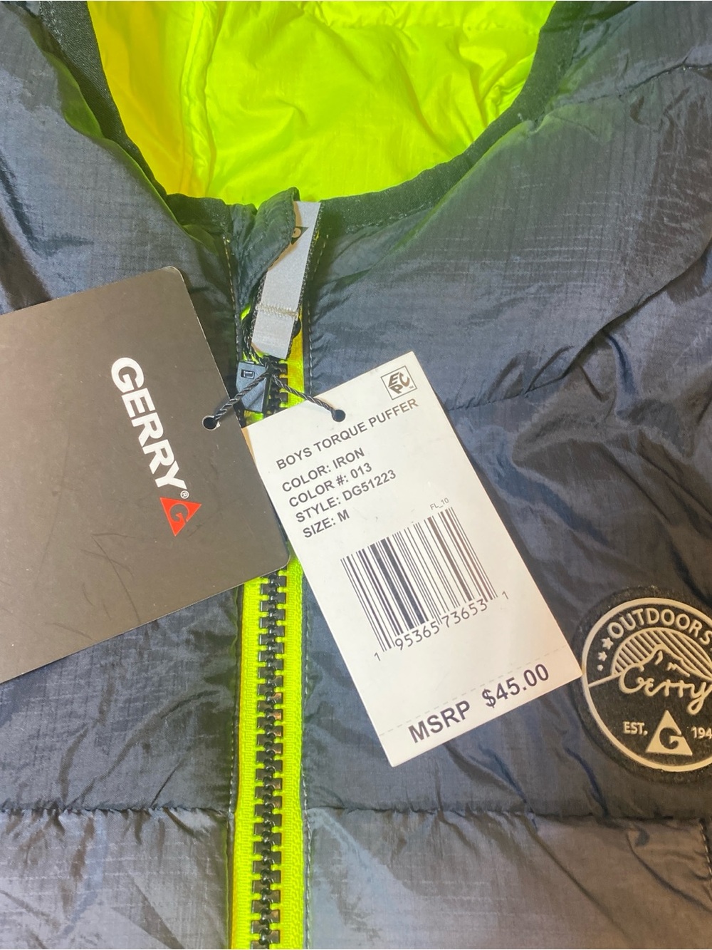 Gerry Boys Torque Puffer Jacket Hooded Iron Gray Neon Lime M (10-12) NWT - Picture 6 of 11